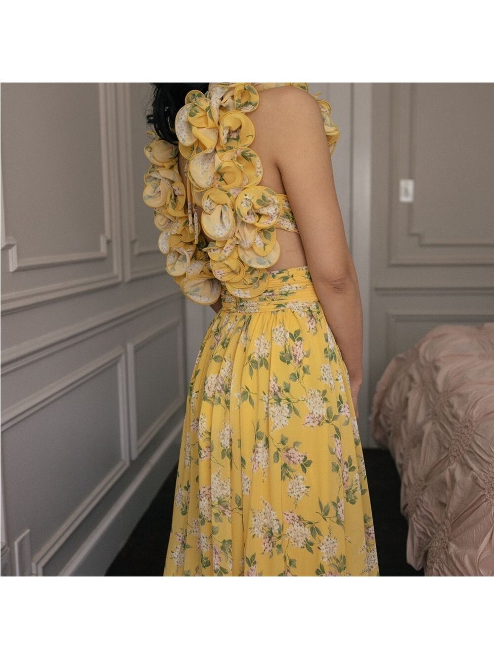 ANTONIO MELANI Yellow Floral Maxi Dress with Rosette Shoulders - Picture 4 of 8